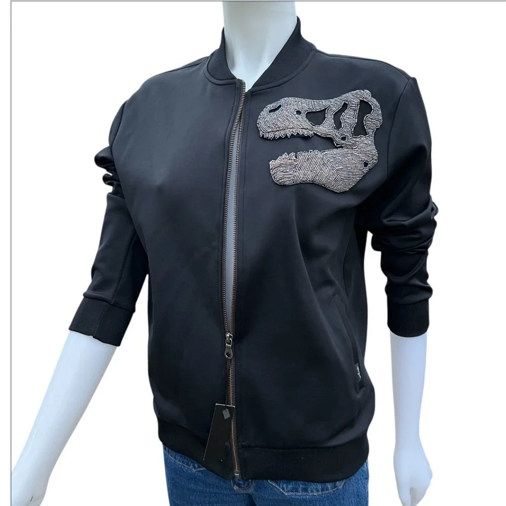 New Arieta Bomber Women Black Beaded Dinosaur Skull Athleisure Sz M Grunge NWT - Picture 17 of 17